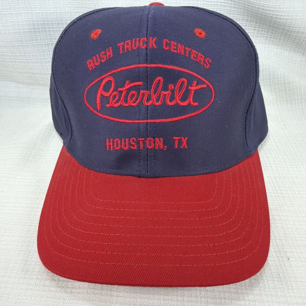 Vintage Peterbilt Rush Truck Centers Houston TX Hat Class Pays Navy Red Curb Cap